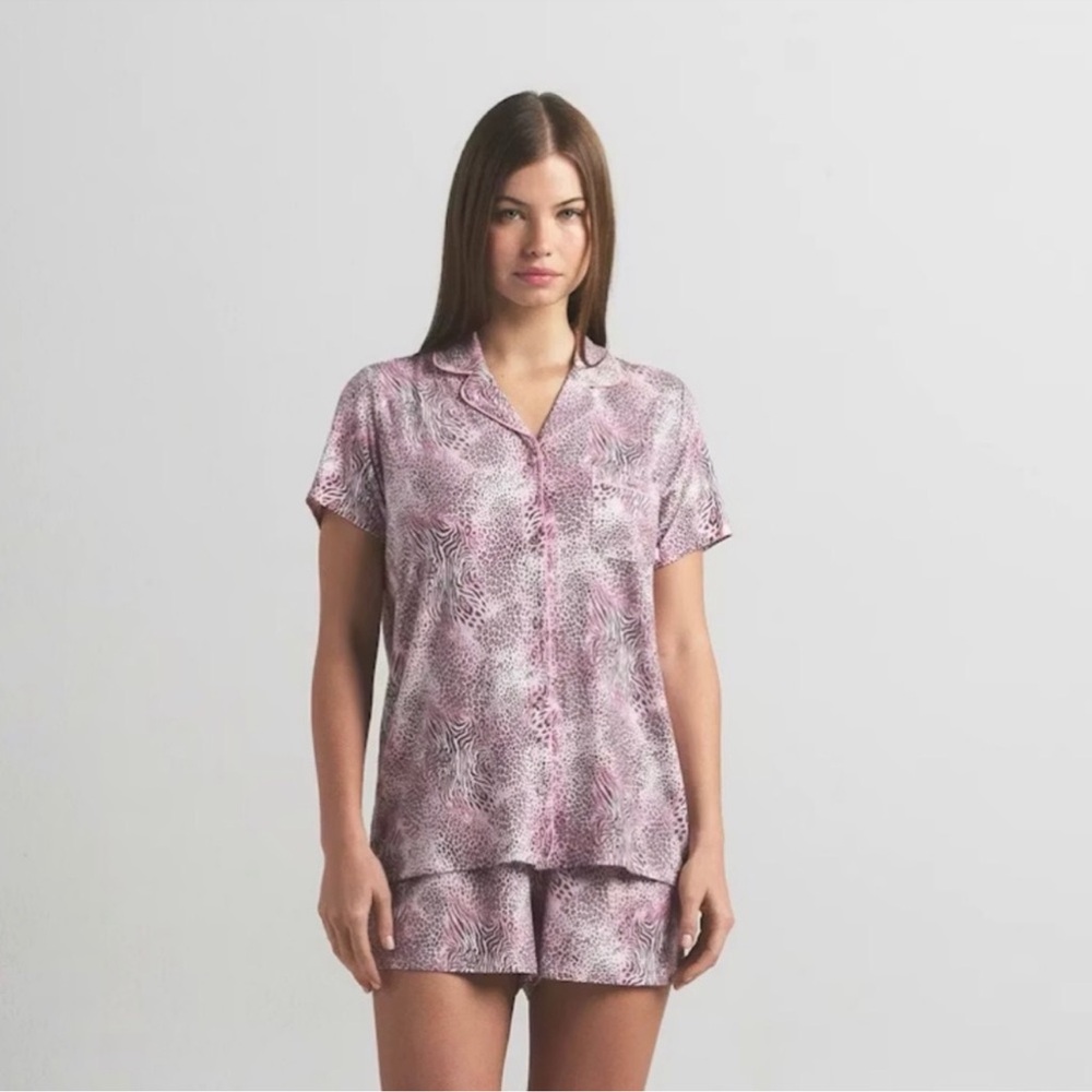 SKIMS NWT Sleep Short Sleeve Button Up Set - Bloom Mini Multi Animal Print